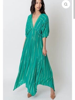 En Crème sold out Sabrina Lurex Kimono Maxi boho hippie Dress in teal, sz small